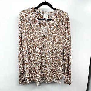 Knox Rose Womens Blouse XL Floral Paisley Smocked Long Sleeve Button Front Brown